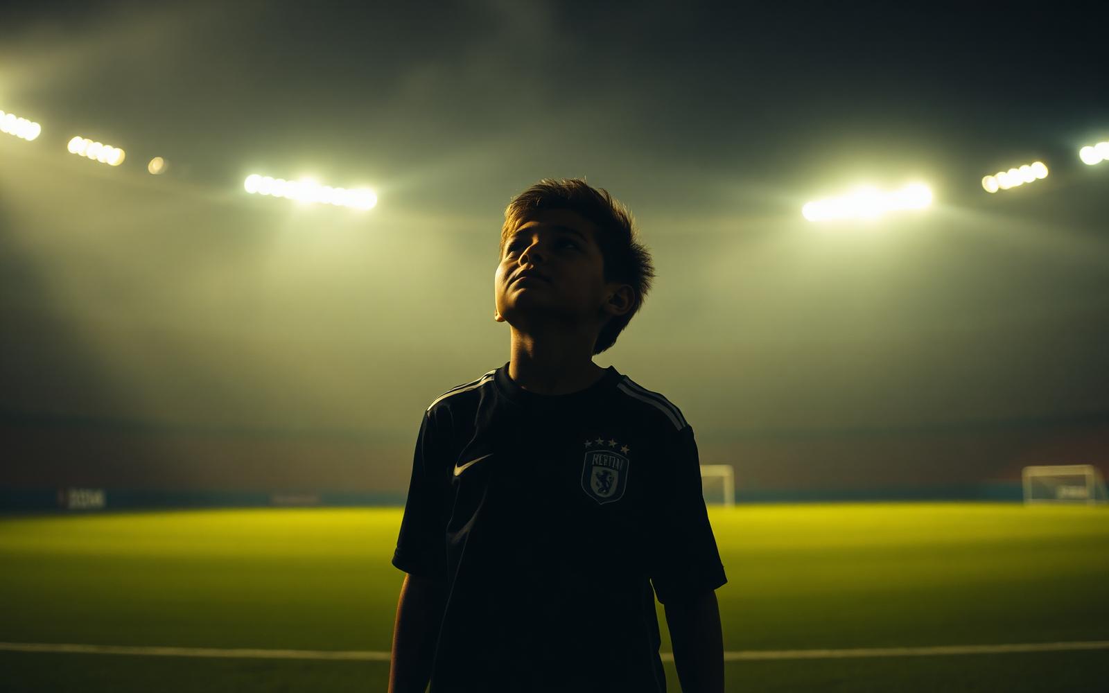 Jovem atleta olhando para as luzes do estádio
